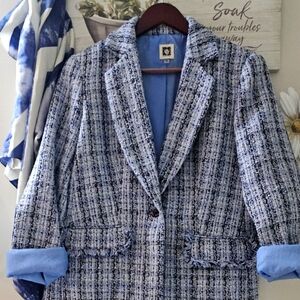 Anne Klein Blue and White Tweed Blazer, Sexy, Classic M